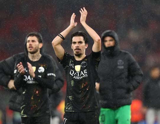 April 14, 2026, Liverpool, Merseyside, United Kingdom: VITINHA of PSG celebrates winning in the UEFA Champions League 2025 26 Quarter-final Leg 2 game against Liverpool FC at the Anfield Stadium in Liverpool, England. PSG won this game 2:0 and reaches the Semi-final with a score of 4:0 on aggregate, Liverpool United Kingdom - ZUMAc179 20260414_zep_c179_061 Copyright: xMickaelxChavetx