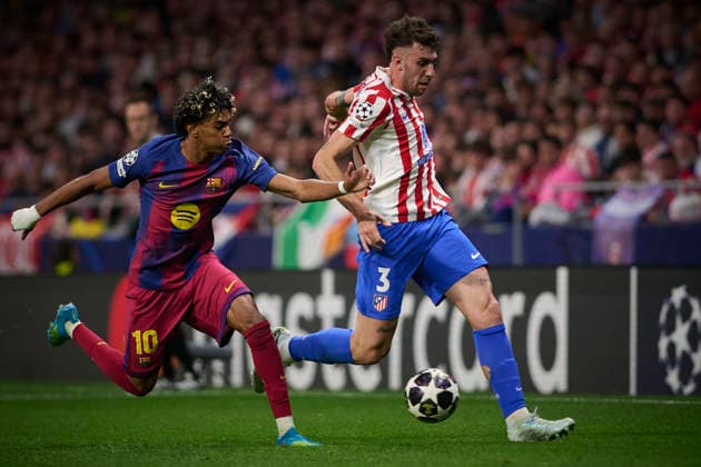 Atletico de Madrid v FC Barcelona, Barca - UEFA Champions League 2025 2026 - Quarter-final, 2nd leg Atletico de Madrid s Matteo Ruggeri (r) and FC Barcelona™s Lamine Yamal during Champions League 2025 2026, quarter-final, 2nd leg, April 14 ,2026. (ALTERPHOTOS Ropero) MadridSpain  Copyright: xRoperox