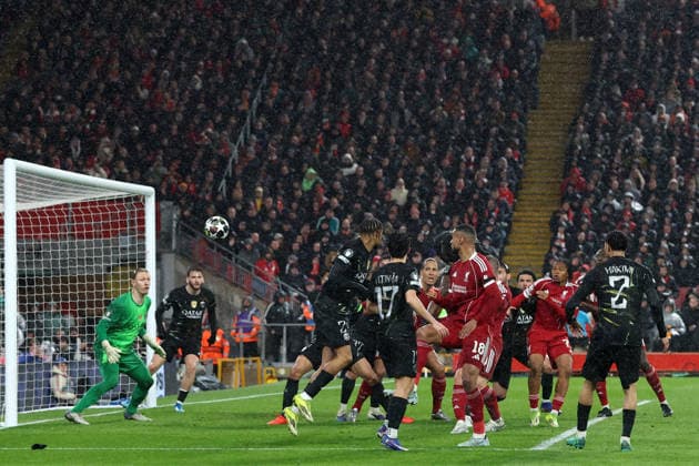 RECORD DATE NOT STATED 14th April 2026; Anfield, Liverpool, Merseyside, England; UEFA Champions League Football, Liverpool versus Paris Saint Germain; Cody Gakpo of Liverpool heads wide DavidxBlunsden