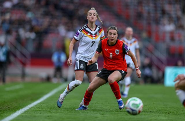 GER, Nuremberg, Germany vs Austria, international match, football, FIFA, 2026 2027 season, World Cup qualification, Max Morlock Stadium, 3 Matchday in picture Giulia Gwinn Germany Women 7 , Barbara Dunst Austria 8 DFB DFL REGULATIONS PROHIBIT ANY USE OF PHOTOGRAPHS AS IMAGE SEQUENCES AND OR QUASI VIDEO, 14 04 2026 Copyright: HMBxMedia HendrikxHamelau