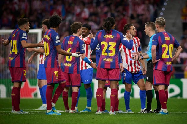 Atletico de Madrid s and FC Barcelona, Barca Ä™s players and referee Clement Turpin during Champions League 2025 2026, quarter-final, 2nd leg, April 14 ,2026. (20260414069)