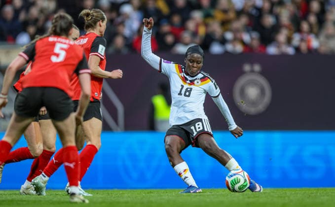 GER, Nuremberg, Germany vs Austria, International match, Football, FIFA, 2026 2027 season, World Cup Qualification, Max Morlock Stadium, 3 Matchday in picture Nicole Anyomi Germany Women 18 DFB DFL REGULATIONS PROHIBIT ANY USE OF PHOTOGRAPHS AS IMAGE SEQUENCES AND OR QUASI VIDEO, 14 04 2026 Copyright: HMBxMedia HendrikxHamelau