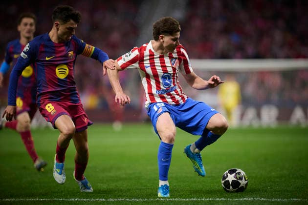 Atletico de Madrid s Julian Alvarez (r) and FC Barcelona, Barca Ä™s Pedri Gonzalez during Champions League 2025 2026, quarter-final, 2nd leg, April 14 ,2026. (20260414113)