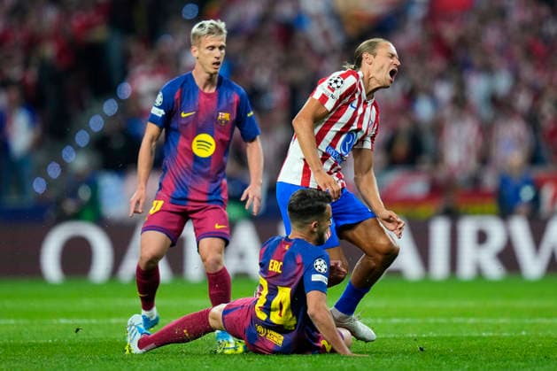 ESP: Atletico de Madrid - FC Barcelona, Barca UEFA Champions League. Quarter-Finals, second leg. Marcos Llorente of Atletico de Madrid and Eric Garcia of FC Barcelona during the UEFA Champions League match, Quarter-Finals, second leg, between Atletico de Madrid and FC Barcelona played at Riyadh Metropolitano Stadium on April 14, 2026 in Madrid. kpng Copyright: xCesarxCebollax xPRESSINPHOTOx PS_260416_BAR_ATM_2526_039