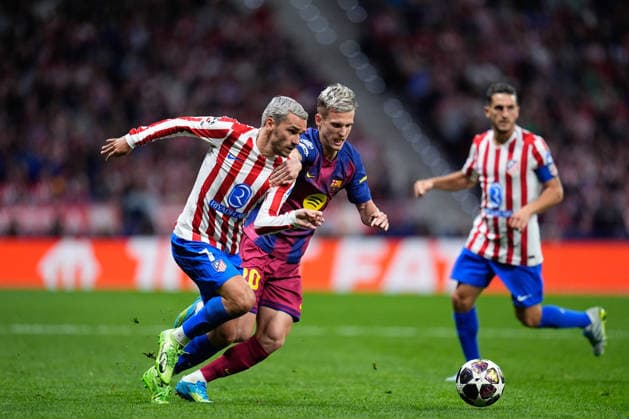 April 14, 2026, Madrid, Madrid, Spain: Antoine Griezmann of Atletico de Madrid and Dani Olmo of FC Barcelona, Barca compete for the ball during the UEFA Champions League 2025 26 Quarter-Final Second Leg match between Atletico de Madrid and FC Barcelona at Riyadh Air Metropolitano on April 14, 2026, in Madrid, Spain. Madrid Spain - ZUMAa181 20260414_zaa_a181_361 Copyright: xDennisxAgyemanx