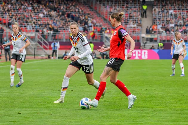 14 04 2026, xgrfx, Soccer World Cup Qualification Women , Germany Austria v l Jule Brand German Womens National Team , Verena Hanshaw Austria DFL DFB REGULATIONS PROHIBIT ANY USE OF PHOTOGRAPHS as IMAGE SEQUENCES and or QUASI VIDEO Nuremberg