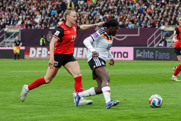 14 04 2026, xgrfx, Soccer World Cup Qualification Women , Germany Austria v l Virginia Kirchberger Austria , Nicole Anyomi German Womens National Team DFL DFB REGULATIONS PROHIBIT ANY USE OF PHOTOGRAPHS as IMAGE SEQUENCES and or QUASI VIDEO Nuremberg
