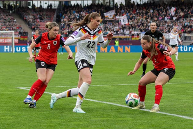 14 04 2026, xgrfx, Soccer World Cup Qualification Women , Germany Austria v l Barbara Dunst Austria , Jule Brand German Womens National Team , Chiara Dangelo Austria DFL DFB REGULATIONS PROHIBIT ANY USE OF PHOTOGRAPHS as IMAGE SEQUENCES and or QUASI VIDEO Nuremberg