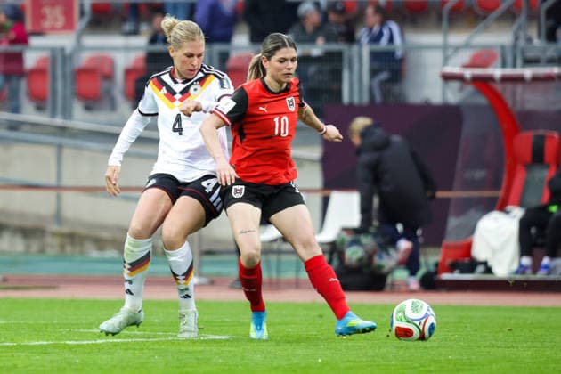 14 04 2026, xgrfx, Soccer World Cup Qualification Women , Germany Austria v l Rebecca Knaak German Womens National Team , Eileen Campbell Austria DFL DFB REGULATIONS PROHIBIT ANY USE OF PHOTOGRAPHS as IMAGE SEQUENCES and or QUASI VIDEO Nuremberg