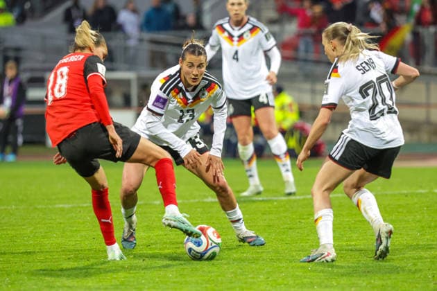 14 04 2026, xgrfx, Soccer World Cup Qualification Women , Germany Austria v l Julia Hickelsberger Austria , Carlotta Wamser, Elisa Senß German Womens National Team DFL DFB REGULATIONS PROHIBIT ANY USE OF PHOTOGRAPHS as IMAGE SEQUENCES and or QUASI VIDEO Nuremberg