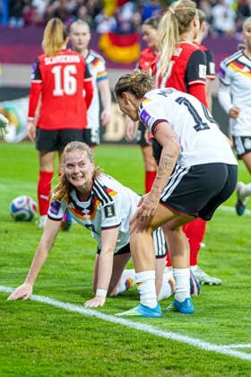 Sjoeke Nüsken 9 Germany and Larissa Mühlhaus 14 Germany celebrate the goal for 3 1 during the international match between Germany Austria on 14 04 2026 in Nuremberg Nuremberg Max Morlock Stadium Bayern Germany