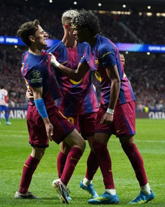 ATLETICO DE MADRID v FC Barcelona, Barca CHAMPIONS LEAGUE 2025 2026. QUARTER-FINALS 2ND LEG MATCH. FC Barcelona s Gavi, Dani Olmo and Lamine Yamal celebrate goal (then cancelled) during Champions League 2025 2026, Quarter-finals 2nd leg match. April 14 ,2026. (ALTERPHOTOS Acero) MadridSpain  Copyright: xAcerox