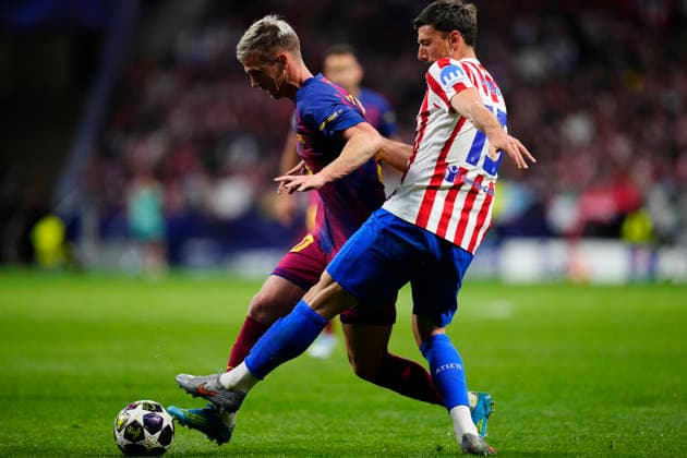 Atletico de Madrid v FC Barcelona, Barca - UEFA Champions League 2025 26 Quarter-Final Second Leg Dani Olmo attacking midfield of Barcelona and Spain and Robin Le Normand centre-back of Atletico de Madrid and Spain compete for the ball during the UEFA Champions League 2025 26 Quarter-Final Second Leg match between Club AtlÃ tico de Madrid and FC Barcelona at Estadio Riyadh Air Metropolitano on April 14, 2026 in Madrid, Spain. Madrid Spain  Copyright: xJosexBretonx originalFilename:bretonhernandez-atletico260414_npomo.jpg