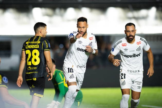 SANTOS vs RECOLETA-PAR - SUL-AMERICANA 2026 SANTOS, BRAZIL - APR 14 Neymar Jr of Santos celebrates goal during the Match between Santos and Recoleta-PAR, valid for the second round of the 2026 Copa Sul-Americana, held at Vila Belmiro on Tuesday (14). SANTOS SAO PAULO BRAZIL Copyright: xREBECAxSCHUMACKERx