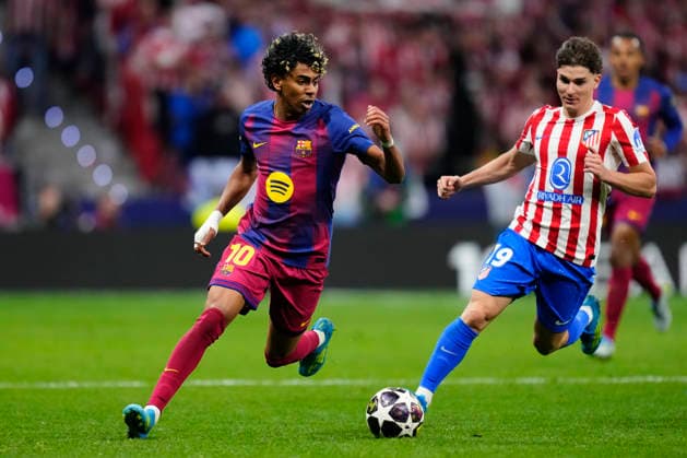Atletico de Madrid v FC Barcelona, Barca - UEFA Champions League 2025 26 Quarter-Final Second Leg Lamine Yamal right winger of Barcelona and Spain and Julian Alvarez centre-forward of Atletico de Madrid and Argentina compete for the ball during the UEFA Champions League 2025 26 Quarter-Final Second Leg match between Club AtlÃ tico de Madrid and FC Barcelona at Estadio Riyadh Air Metropolitano on April 14, 2026 in Madrid, Spain. Madrid Spain  Copyright: xJosexBretonx originalFilename:bretonhernandez-atletico260414_npoGL.jpg