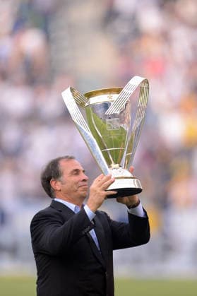 Dec 7, 2014; Carson, CA, USA; Los Angeles Galaxy coach Bruce Arena celebrates with the MLS, Fussball Herren, USA Cup after the MLS Cup Final between the Los Angeles Galaxy and the New England Revolution at the Stub Hub Center in Carson, CA. The Galaxy won 2-1 in extra time. Joe Camporeale Cal Media Copyright: xJoexCamporealex