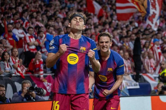 April 14, 2026, Madrid, Spain: Fermin Lopez (L) of FC Barcelona, Barca celebrates a goal with a teammate during the UEFA Champions League quarter-final second leg match between AtlÃ tico de Madrid and FC Barcelona, ??played at the Riyadh Air Metropolitano Stadium. Final score: AtlÃ tico de Madrid 1 - 2 FC Barcelona. Madrid Spain - ZUMAs197 20260414_aaa_s197_142 Copyright: xDavidxCanalesx