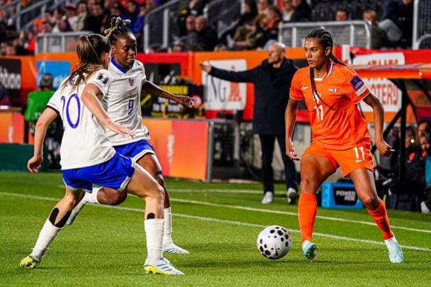 Clara Mateo of France, Melvine Malard of France, Esmee Brugts of the Netherlands battle for the ball Netherlands v France, FIFA Women s World Cup 2027 Qualifier, Netherlands v France, Rat Verlegh Stadion, April 14, 2026, Breda, Netherlands.