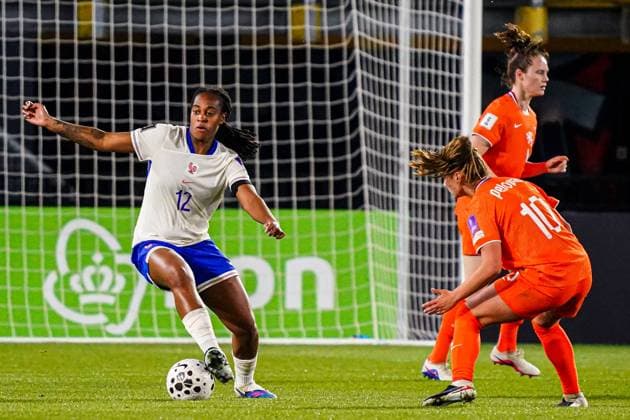 Marie-Antoinette Katoto of France, Victoria Pelova of the Netherlands battle for the ball Netherlands v France, FIFA Women s World Cup 2027 Qualifier, Netherlands v France, Rat Verlegh Stadion, April 14, 2026, Breda, Netherlands.