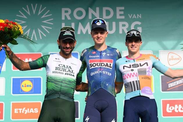 Ronde van Limburg 2026 Cycling Race TONGEREN, BELGIUM - APRIL 15 : Gaviria Fernando (COL) of Caja Rural - Seguros RGA, Merlier Tim (BEL) of Soudal Quick-Step and Van Tricht Floris (BEL) of NSN Development Team pictured during the podium ceremony of the 73rd edition of Ronde van Limburg an UCI Class 1.1 one day cycling road race for Men Elite of 178 km with start in Hasselt and finish in Tongeren on April 15, 2026 in Tongeren, Belgium, 15 04 2026 ( Motordriver Guy De Vuyst - Tongeren Belgium  Copyright: xVincentxKalutx