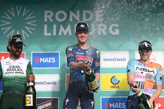 Ronde van Limburg 2026 Cycling Race TONGEREN, BELGIUM - APRIL 15 : Gaviria Fernando (COL) of Caja Rural - Seguros RGA, Merlier Tim (BEL) of Soudal Quick-Step and Van Tricht Floris (BEL) of NSN Development Team pictured during the podium ceremony of the 73rd edition of Ronde van Limburg an UCI Class 1.1 one day cycling road race for Men Elite of 178 km with start in Hasselt and finish in Tongeren on April 15, 2026 in Tongeren, Belgium, 15 04 2026 ( Motordriver Guy De Vuyst - Tongeren Belgium  Copyright: xVincentxKalutx