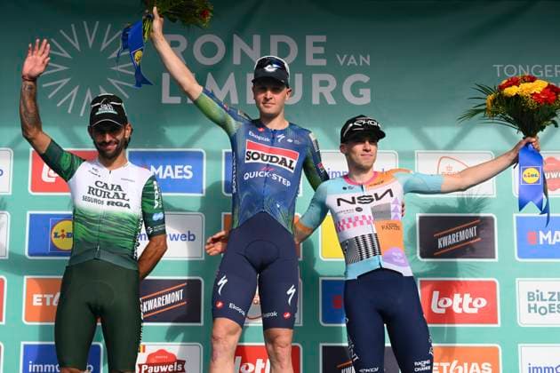 Ronde van Limburg 2026 Cycling Race TONGEREN, BELGIUM - APRIL 15 : Gaviria Fernando (COL) of Caja Rural - Seguros RGA, Merlier Tim (BEL) of Soudal Quick-Step and Van Tricht Floris (BEL) of NSN Development Team pictured during the podium ceremony of the 73rd edition of Ronde van Limburg an UCI Class 1.1 one day cycling road race for Men Elite of 178 km with start in Hasselt and finish in Tongeren on April 15, 2026 in Tongeren, Belgium, 15 04 2026 ( Motordriver Guy De Vuyst - Tongeren Belgium  Copyright: xVincentxKalutx