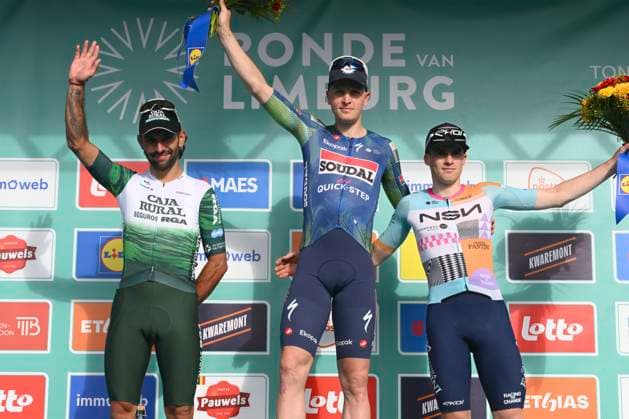 Ronde van Limburg 2026 Cycling Race TONGEREN, BELGIUM - APRIL 15 : Gaviria Fernando (COL) of Caja Rural - Seguros RGA, Merlier Tim (BEL) of Soudal Quick-Step and Van Tricht Floris (BEL) of NSN Development Team pictured during the podium ceremony of the 73rd edition of Ronde van Limburg an UCI Class 1.1 one day cycling road race for Men Elite of 178 km with start in Hasselt and finish in Tongeren on April 15, 2026 in Tongeren, Belgium, 15 04 2026 ( Motordriver Guy De Vuyst - Tongeren Belgium  Copyright: xVincentxKalutx
