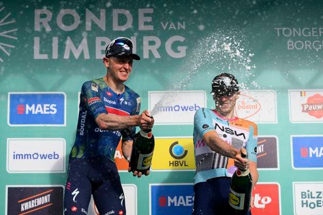 Ronde van Limburg 2026 Cycling Race TONGEREN, BELGIUM - APRIL 15 : Merlier Tim (BEL) of Soudal Quick-Step and Van Tricht Floris (BEL) of NSN Development Team pictured during the podium ceremony of the 73rd edition of Ronde van Limburg an UCI Class 1.1 one day cycling road race for Men Elite of 178 km with start in Hasselt and finish in Tongeren on April 15, 2026 in Tongeren, Belgium, 15 04 2026 ( Motordriver Guy De Vuyst - Tongeren Belgium  Copyright: xVincentxKalutx