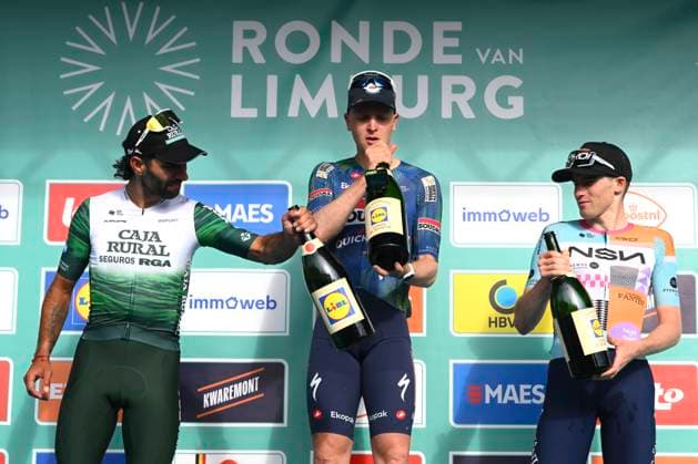Ronde van Limburg 2026 Cycling Race TONGEREN, BELGIUM - APRIL 15 : Gaviria Fernando (COL) of Caja Rural - Seguros RGA, Merlier Tim (BEL) of Soudal Quick-Step and Van Tricht Floris (BEL) of NSN Development Team pictured during the podium ceremony of the 73rd edition of Ronde van Limburg an UCI Class 1.1 one day cycling road race for Men Elite of 178 km with start in Hasselt and finish in Tongeren on April 15, 2026 in Tongeren, Belgium, 15 04 2026 ( Motordriver Guy De Vuyst - Tongeren Belgium  Copyright: xVincentxKalutx