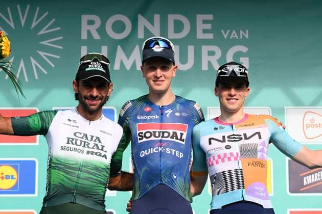 Ronde van Limburg 2026 Cycling Race TONGEREN, BELGIUM - APRIL 15 : Gaviria Fernando (COL) of Caja Rural - Seguros RGA, Merlier Tim (BEL) of Soudal Quick-Step and Van Tricht Floris (BEL) of NSN Development Team pictured during the podium ceremony of the 73rd edition of Ronde van Limburg an UCI Class 1.1 one day cycling road race for Men Elite of 178 km with start in Hasselt and finish in Tongeren on April 15, 2026 in Tongeren, Belgium, 15 04 2026 ( Motordriver Guy De Vuyst - Tongeren Belgium  Copyright: xVincentxKalutx