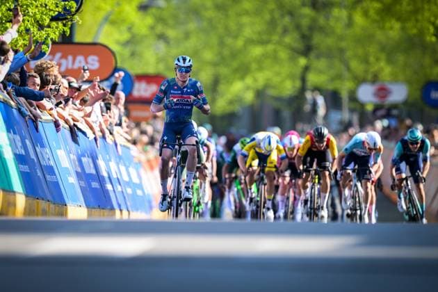 Belgian Tim Merlier of Soudal Quick-Step celebrates as he crosses the finish line to win the Ronde Van Limburg one day cycling race, from Hasselt to Tongeren-Borgloon (178,4 km) on Wednesday 15 April 2026. DAVIDxPINTENS  x170897484x