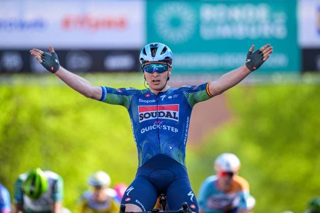 Belgian Tim Merlier of Soudal Quick-Step celebrates as he crosses the finish line to win the Ronde Van Limburg one day cycling race, from Hasselt to Tongeren-Borgloon (178,4 km) on Wednesday 15 April 2026. DAVIDxPINTENS  x170897627x