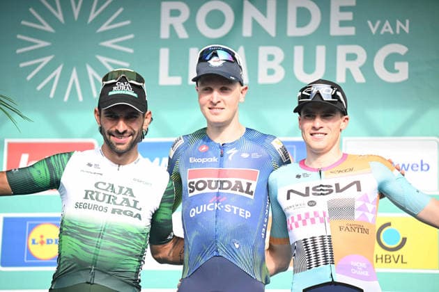 15-04-2026 Ronde Van Limburg; 2026, Soudal - Quick Step; 2026, Caja Rural - Seguros Rga; 2026, Nsn; Merlier, Tim; Gaviria Rendon, Fernando; Van Tricht, Floris; Tongeren; 
