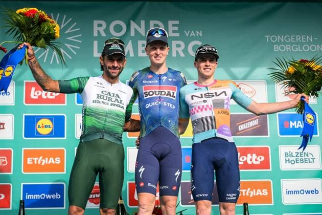 Colombian Fernando Gaviria Rendon of Caja Rural-Seguros RGA, Belgian Tim Merlier of Soudal Quick-Step and Belgian Floris Van Tricht of NSN Cycling Team pictured on the podium after the Ronde Van Limburg one day cycling race, from Hasselt to Tongeren-Borgloon (178,4 km) on Wednesday 15 April 2026. DAVIDxPINTENS  x170897982x