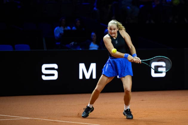 Mirra Andreeva Russia in the picture on the ball, Jelena Ostapenko Latvia vs Mirra Andreeva Russia , 1 round, GER, Porsche Tennis Grand Prix Stuttgart, WTA 500, 15 04 2026 GER, Porsche Tennis Grand Prix Stuttgart, WTA 500, 15 04 2026 Stuttgart Copyright: xEibner-Pressefoto Memmlerx EP_MMR