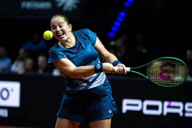 Jelena Ostapenko Latvia in the picture on the ball, Jelena Ostapenko Latvia vs Mirra Andreeva Russia , 1 round, GER, Porsche Tennis Grand Prix Stuttgart, WTA 500, 15 04 2026 GER, Porsche Tennis Grand Prix Stuttgart, WTA 500, 15 04 2026 Stuttgart Copyright: xEibner-Pressefoto Memmlerx EP_MMR