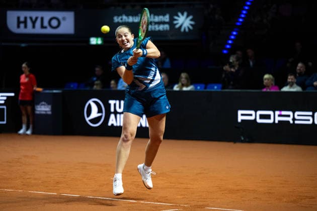 Jelena Ostapenko Latvia in the picture on the ball, Jelena Ostapenko Latvia vs Mirra Andreeva Russia , 1 round, GER, Porsche Tennis Grand Prix Stuttgart, WTA 500, 15 04 2026 GER, Porsche Tennis Grand Prix Stuttgart, WTA 500, 15 04 2026 Stuttgart Copyright: xEibner-Pressefoto Memmlerx EP_MMR
