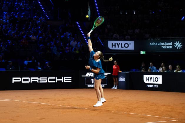 Jelena Ostapenko Latvia in the picture on the ball, Jelena Ostapenko Latvia vs Mirra Andreeva Russia , 1 round, GER, Porsche Tennis Grand Prix Stuttgart, WTA 500, 15 04 2026 GER, Porsche Tennis Grand Prix Stuttgart, WTA 500, 15 04 2026 Stuttgart Copyright: xEibner-Pressefoto Memmlerx EP_MMR