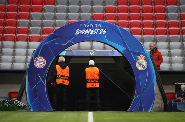 Football, Men, Champions League, Season 2025 2026, FC Bayern Munich Real Madrid, Quarter-final second leg, Allianz Arena Here the archway with the lettering, Road to Budapest 26, final venue of the UEFA Champions League 2026, final and the two coats of arms of the clubs FC Bayern and Real Madrid