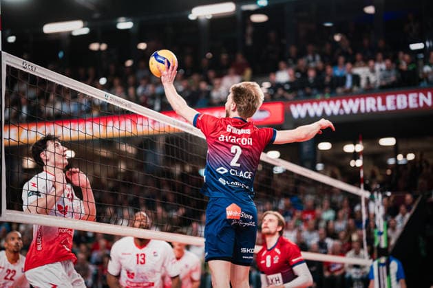 CEV Cup SVG Lüneburg Gas Sales Bluenergy Piacenza, 15 04 2026 Daniel Gruvaeus SVG Lüneburg, 2 plays the ball over the net CEV Volleyball Cup, Final, First leg SVG Lüneburg vs Gas Sales Bluenergy Piacenza on 15 04 2026 at the LKH Arena, Lüneburg Copyright: xBEAUTIFULxSPORTS Tonhäuserx