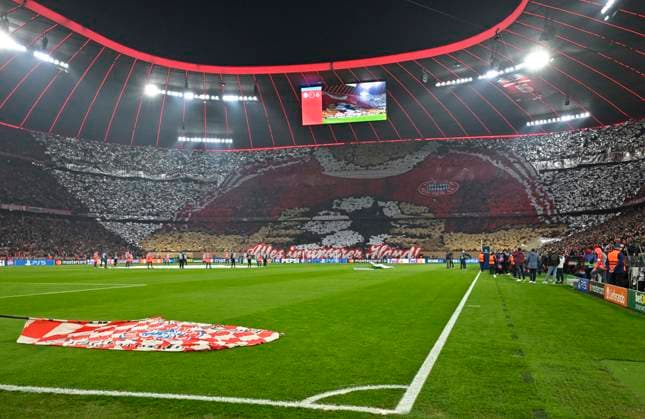 15 04 2026, Football UEFA Championsleague 2025 2026 quarter-final second leg, FC Bayern Munich Real Madrid, in the Allianz Arena Munich, choreography of the south curve DFL and DFB regulations prohibit any use of photographs as image sequences and or quasi video