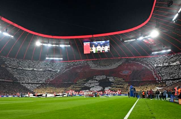 15 04 2026, Football UEFA Championsleague 2025 2026 quarter-final second leg, FC Bayern Munich Real Madrid, in the Allianz Arena Munich, choreography of the south curve DFL and DFB regulations prohibit any use of photographs as image sequences and or quasi video