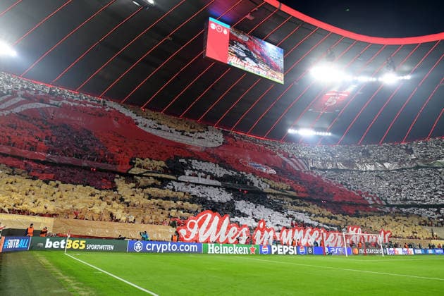 15 04 2026, xemx, Football UEFA Champions League, FC Bayern Muenchen Real Madrid v l Bayern Muenchen Munich, Fans, Atmosphere, Scarves, Emotions, Spectators, Visitors, Ultras, Schickeria Choreography, Choreography, Tifo, Fan Choreo, Curve Choreo DFL DFB REGULATIONS PROHIBIT ANY USE OF PHOTOGRAPHS as IMAGE SEQUENCES and or QUASI VIDEO Muenchen