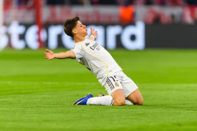 GER, UEFA CL, Quarter-final match 2, FC Bayern Muenchen GER vs Real Madrid ESP 15 04 2026, Allianz Arena, Muenchen, GER, UEFA CL, Quarter-final match 2, FC Bayern Muenchen GER vs Real Madrid ESP , UEFA regulations prohibit any use of photographs as image sequences and or quasi video, in the picture cheering after the goal to 0 1 by Arda Güler Gueler Real 15 nordphotoxGmbHx xStraubmeier nph00004