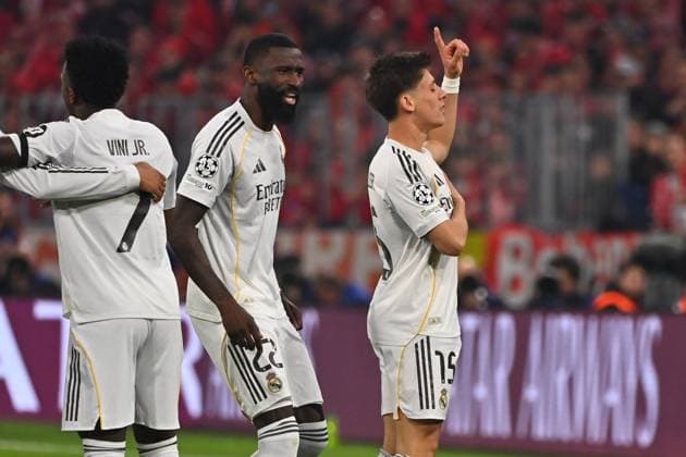 Torjunel Arda GUELER Real Madrid with Antonio RUEDIGER Real Madrid after goal to 0 1, jubilation,joy,enthusiasm,action, Football Champions League,season 2025 26, quarterfinal FC Bayern Muenchen Real Madrid on 15 04 2026 A L L I A N Z A R E N A