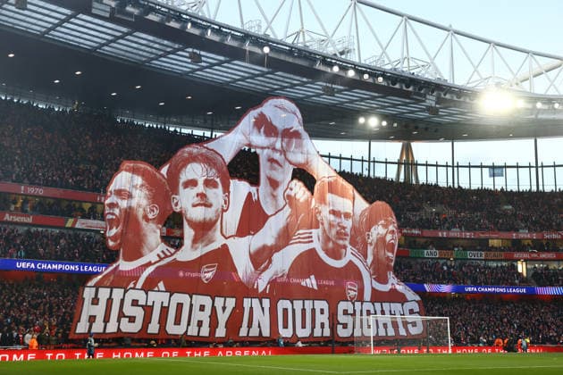 London, England, 15th April 2026. A large Arsenal Tifo is seen in stands during the Arsenal vs Sporting Lisbon UEFA Champions League quarter final 2nd leg match at the Emirates Stadium, London. Picture credit should read: David Klein Sportimage EDITORIAL USE ONLY. No use with unauthorised audio, video, data, fixture lists, club league logos or live services. Online in-match use limited to 120 images, no video emulation. No use in betting, games or single club league player publications. SPI_023_DK_Arsenal_Sporting_Lisbon SPI-4686-0023