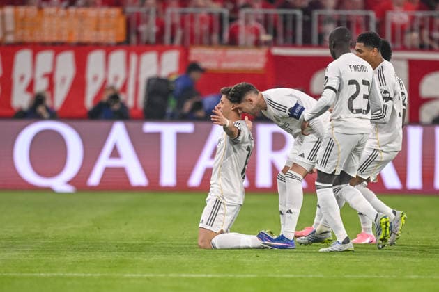 Arda Güler Real Madrid celebrates after scoring his team s first goal with teammates during the UEFA Champions League 2025 26 Quarter Final Second Leg match between FC Bayern München and Real Madrid CF at Football Arena Munich on April 15, 2026 in Munich, Germany Photo by Harry Langer DeFodi Images