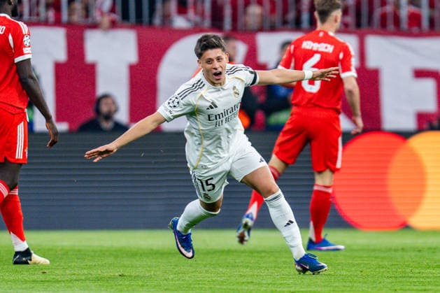 15 04 2026, FC Bayern München vs Real Madrid, UEFA Champions League, quarter-final second leg goal 0 1 by Arda Güler Real Madrid, 15 Regulations prohibit any use of photographs as image sequences and or quasi video Copyright: xBahhoxKarax