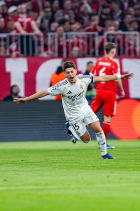 15 04 2026, FC Bayern München vs Real Madrid, UEFA Champions League, quarter-final second leg goal 0 1 by Arda Güler Real Madrid, 15 Regulations prohibit any use of photographs as image sequences and or quasi video Copyright: xBahhoxKarax