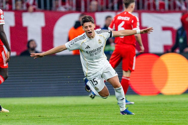 15 04 2026, FC Bayern München vs Real Madrid, UEFA Champions League, quarter-final second leg goal 0 1 by Arda Güler Real Madrid, 15 Regulations prohibit any use of photographs as image sequences and or quasi video Copyright: xBahhoxKarax